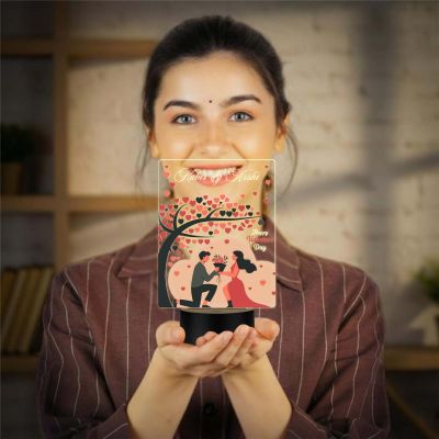 Personalized Happy Valentine's Day Theme LED Night Lamp, Couple with Heart Tree Design Valentines Day Gift for Couples Warm White Light